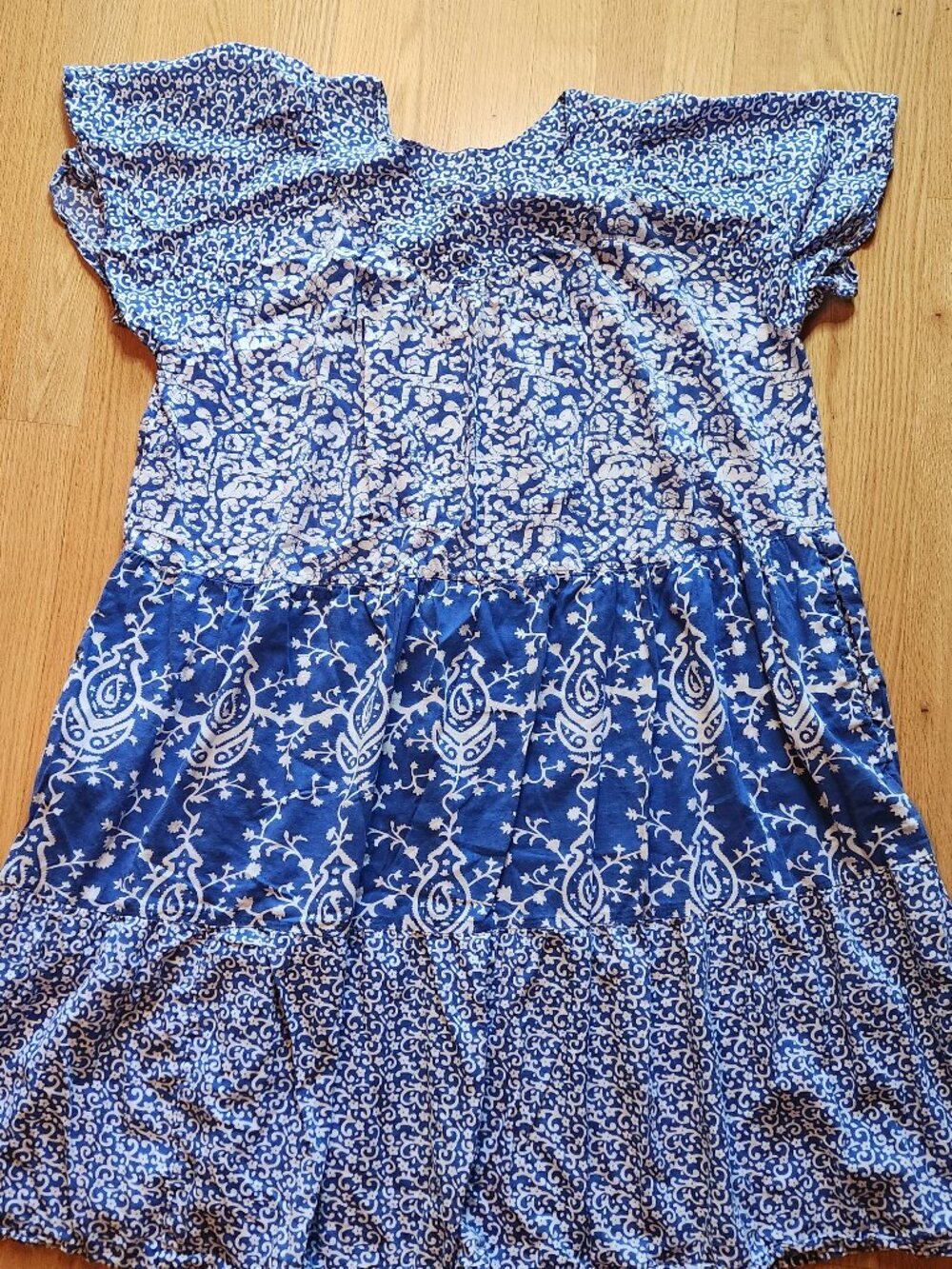 Only Necessities Dress Women's 1X Blue Floral Paisley Tiered Cotton Boho